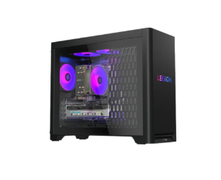 Ein schwarzer Lenovo Legion Tower 5 Gen 10 gaming pc mit leistungsstarker RTX 5070 Grafikkarte und AMD Prozessor.