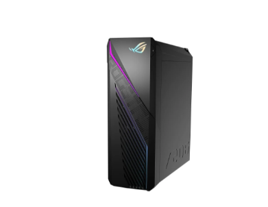 Ein schwarzer ASUS ROG Strix G16CH gaming pc mit RGB-Beleuchtung und der Aufschrift Republic of Gamers.