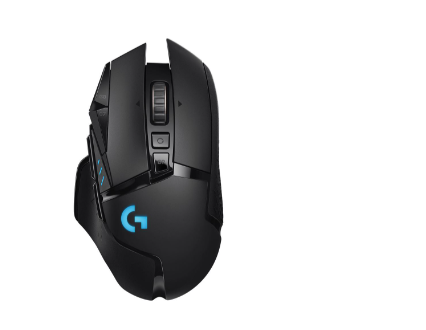 Die schwarze Logitech G502 Lightspeed kabellose gamer maus mit leuchtenden RGB-Streifen auf einem dunklen Untergrund.