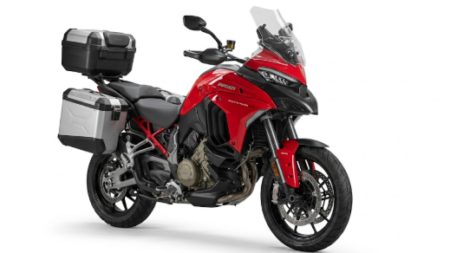 Ducati Multistrada V4 S Reiseenduro Motorrad Modell 2026 in roter Ausführung auf einer Bergstraße.