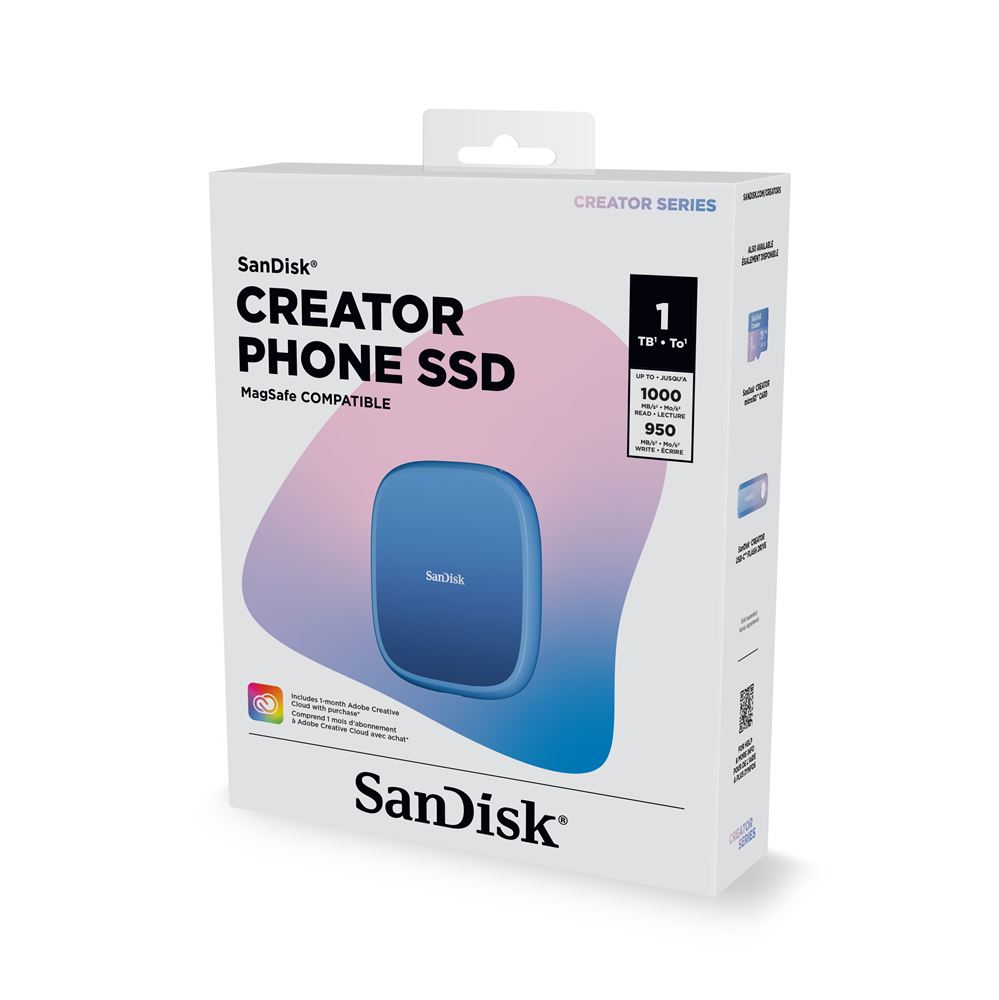 Eine kompakte blaue SanDisk Creator Phone 1TB externe ssd verbunden mit einem modernen Smartphone.