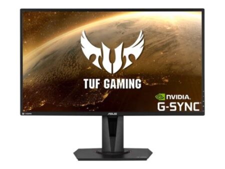 Ein schwarzer ASUS VG27AQ Gaming Monitor auf einem ergonomischen Standfuß mit WQHD-Display.
