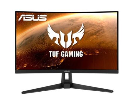 Schwarzer asus tuf vg27wq1b Gaming Monitor mit gekrümmtem Display auf einem Schreibtisch.