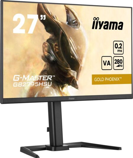 Ein schwarzer iiyama g-master gb2795hsu-b1 Gaming-Monitor mit schmalem Rahmen und höhenverstellbarem Fuß.