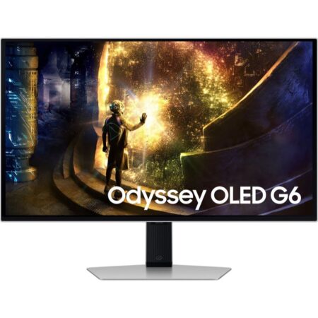 Vorderansicht des Samsung Odyssey G6 OLED Gaming-Monitors mit farbenfroher QHD-Anzeige und schmalem Metallrahmen.