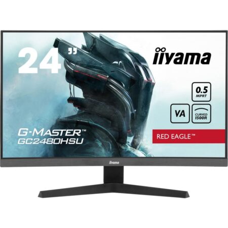 Ein schwarzer, leicht gekrümmter iiyama g-master gc2480hsu-b1 Gaming-Monitor auf einem Schreibtisch.