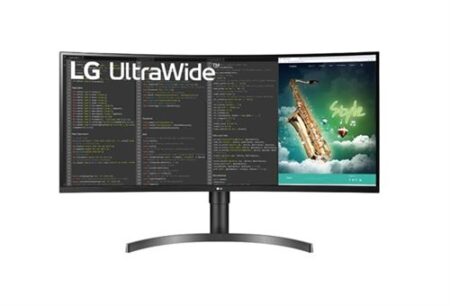 Ein schwarzer gebogener lg 35wn75cn-b UltraWide Monitor mit großem Display auf einem stabilen Standfuß.