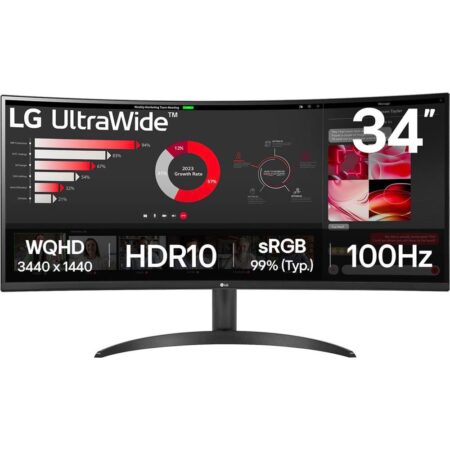 Ein schwarzer LG 34WR50QK-B monitor für immersives gaming mit einer gewölbten Ansicht einer Landschaft.