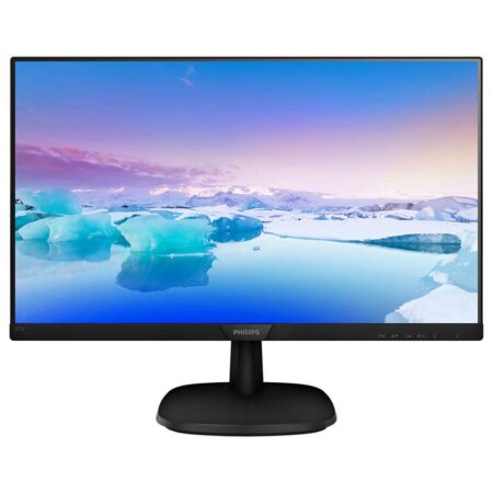 Ein schwarzer philips v-line 273v7qdsb Monitor zeigt ein scharfes Landschaftsbild in Full HD.