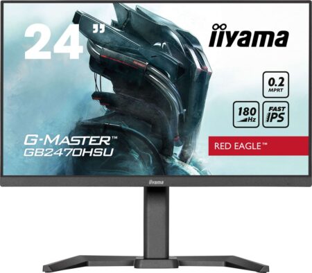 Ein schwarzer iiyama g-master gb2470hsu Gaming-Monitor mit schmalem Rahmen auf einem Schreibtisch.