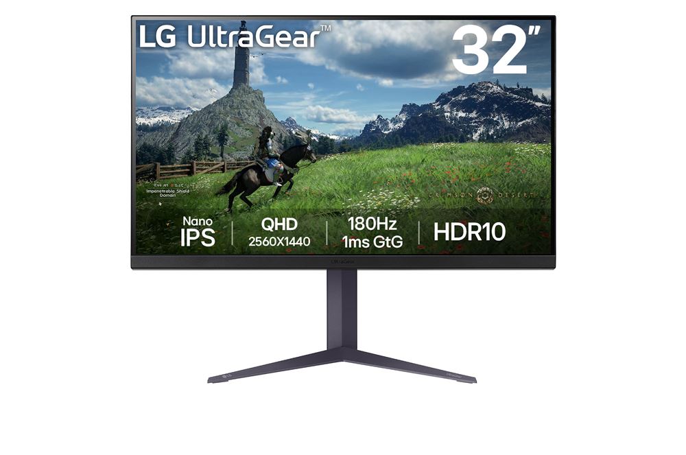 Ein schwarzer lg 32gs85q-b Gaming-Monitor mit schmalem Rahmen und höhenverstellbarem Fuß.
