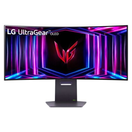 Ein großer schwarzer lg 34gs95qe-b.aeu Curved OLED Gaming-Monitor mit schmalem Rahmen auf einem stabilen Standfuß.