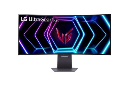 Ein großer schwarzer lg 39gs95qe-b.aeu Curved OLED Gaming-Monitor mit schmalem Rahmen auf einem stabilen Standfuß.