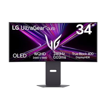 Ein großer schwarzer lg ultragear 34gx900a-b Curved OLED Gaming-Monitor mit schmalem Rahmen auf einem stabilen Standfuß.