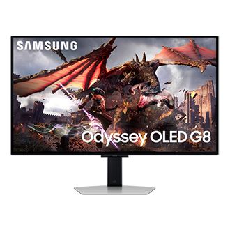 Der samsung odyssey g80sd Gaming Monitor in Silber zeigt eine brillante 4K Grafik.