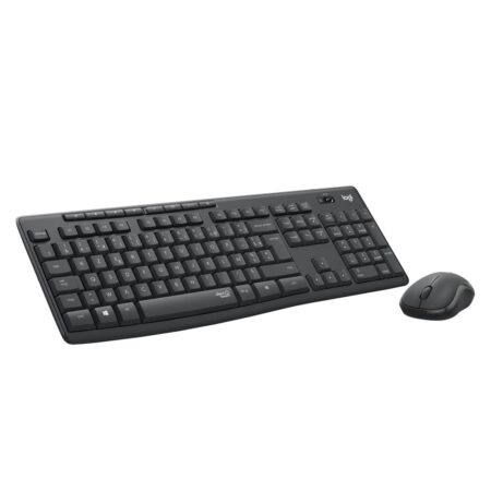Schwarzes logitech mk295 set mit leiser Tastatur und kabelloser Maus für das Büro.