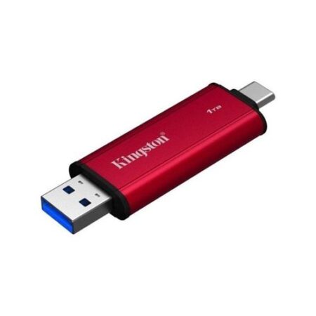 Eine kompakte Kingston 1TB tragbare ssd mit Anschlüssen für USB-A und USB-C Schnittstellen.