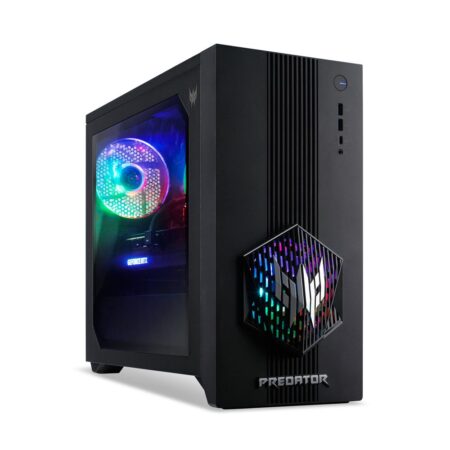 Ein leistungsstarker Acer Predator Orion 3000 gaming pc mit blauer RGB-Beleuchtung und kompaktem Tower-Gehäuse.