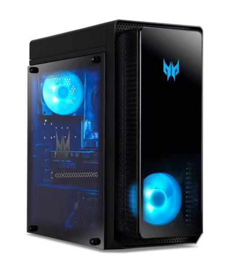 Ein schwarzer Acer Predator Orion 3000 PO3-640 gaming pc mit leuchtenden Lüftern und kompaktem Design.