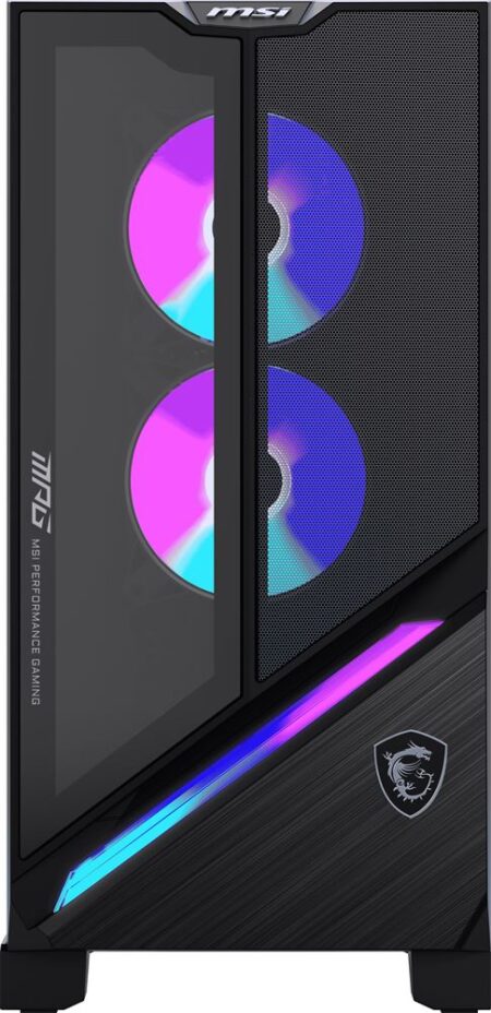 Ein futuristischer MSI MPG Infinite X3 AI gaming pc mit RGB-Beleuchtung und sichtbarer High-End-Kühlung.