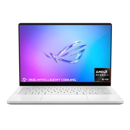 Bild des Asus ROG Zephyrus G14 Gaming-Laptops mit 14-Zoll OLED-Display und 120 Hz Bildwiederholrate, ideal für High-End-Gaming und Kreativarbeiten.