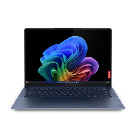 Lenovo Yoga Slim 7X PC Portable IA Ultra Léger auf einem Schreibtisch mit schlankem Design und moderner Arbeitsumgebung für mobiles Arbeiten.