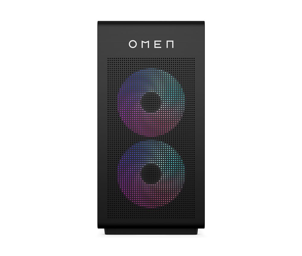 Ein schwarzer HP OMEN 35L Desktop gaming pc mit RGB-beleuchteten Lüftern und AMD Ryzen 7 Logo.