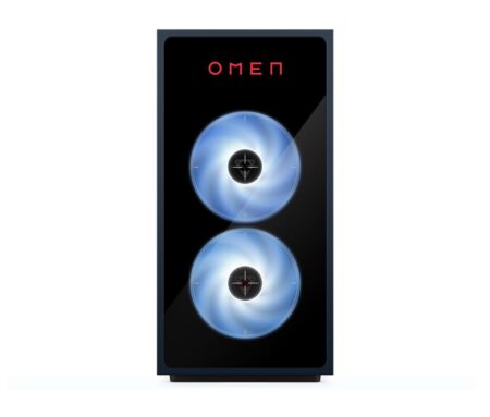 Ein schwarzer HP Omen 35L gaming pc mit beleuchteten RGB-Lüftern und gläserner Seitenwand.