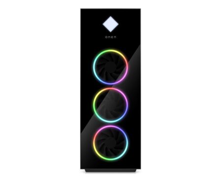 Ein schwarzer HP OMEN 45L gaming pc mit sichtbarer Cryo Chamber Kühlung und RGB-Beleuchtung.