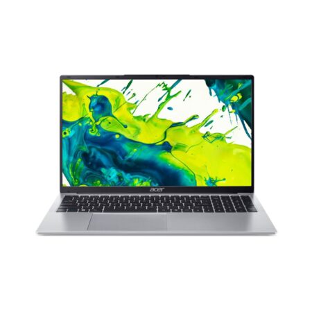 Ein großformatiger grauer Acer Aspire Lite 17 Laptop mit geöffnetem Display auf einem aufgeräumten Schreibtisch.