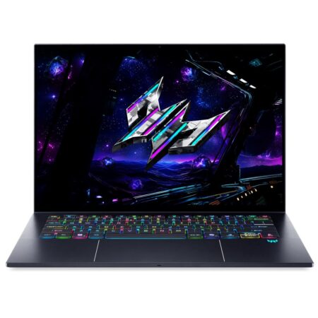 Ein schlanker Acer Predator Triton 14 AI gaming pc Laptop mit 120Hz Touchscreen und beleuchteter Tastatur.