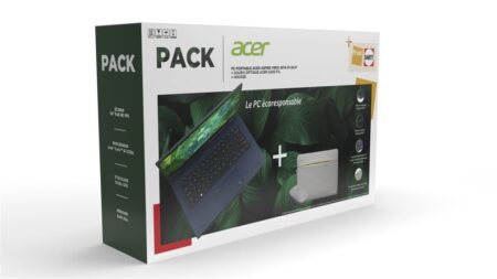 Ein umweltfreundlicher grauer Acer Aspire Vero Laptop mit strukturierter Oberfläche und gelben Farbakzenten auf einem Schreibtisch.