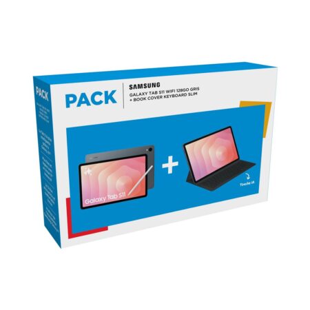 Das samsung galaxy tab s11 paket bestehend aus dem grauen Tablet und dem montierten Book Cover Keyboard.
