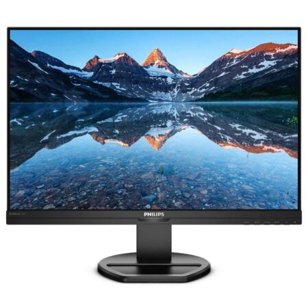 Ein schwarzer philips b line 240b9 Monitor mit höhenverstellbarem Fuß zeigt eine Office-Anwendung.