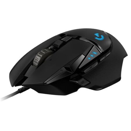 Die schwarze Logitech G502 Hero RGB gamer maus mit leuchtenden Farbeffekten auf einem dunklen Mauspad.