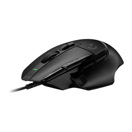 Die moderne schwarze Logitech G502 X gamer maus mit Kabel auf einem dunklen Gaming-Mauspad.