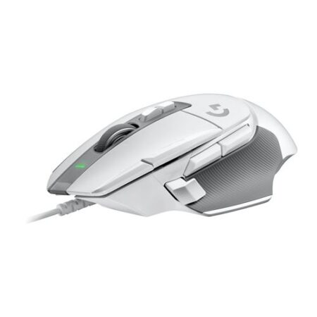 Die moderne weiße Logitech G502 X gamer maus mit Kabel auf einem hellen Gaming-Schreibtisch.