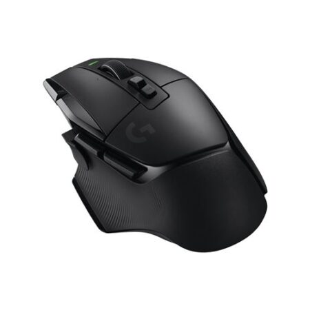 Die moderne schwarze Logitech G502 X Lightspeed kabellose gamer maus auf einem Schreibtisch neben einer Gaming-Tastatur.
