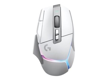 Weiße Logitech G502 X Plus gaming maus weiß mit aktiver RGB Beleuchtung auf einem Schreibtisch.
