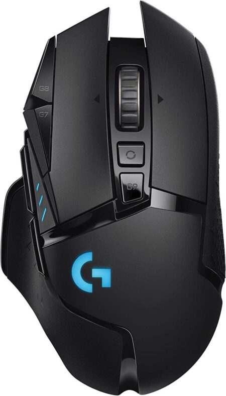 Die schwarze Logitech G502 LIGHTSPEED kabellose gamer maus in der Draufsicht mit leuchtenden RGB-Elementen.