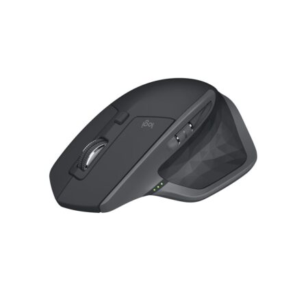 Die ergonomische anthrazitfarbene Logitech MX Master 2S kabellose maus auf einem modernen dunklen Schreibtisch.