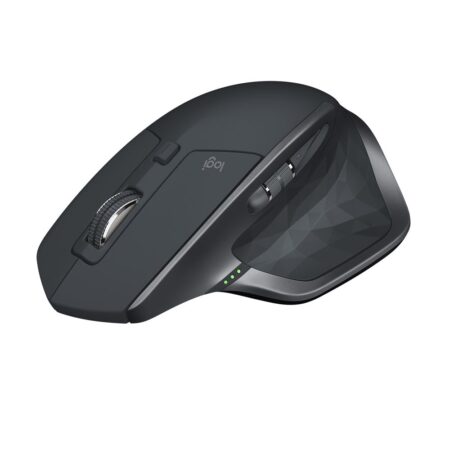 Die ergonomische Logitech MX Master 2S kabellose Maus in Graphitschwarz liegt auf einem modernen Schreibtisch.