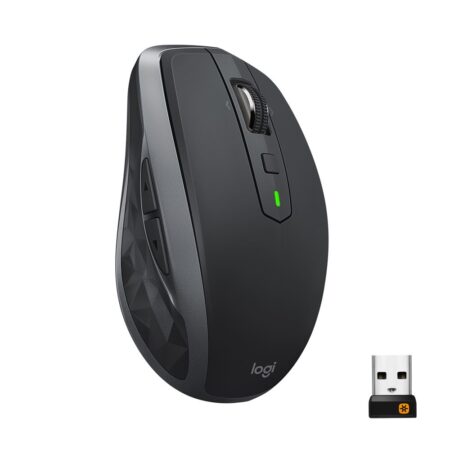Die kompakte schwarze Logitech MX Anywhere 2S kabellose Maus auf einer glänzenden Oberfläche.