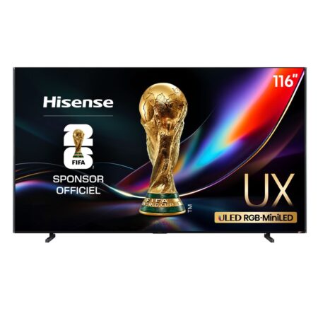 Der riesige hisense 116uxq Fernseher zeigt ein extrem helles und kontrastreiches Bild in einem luxuriösen Heimkino-Setup.