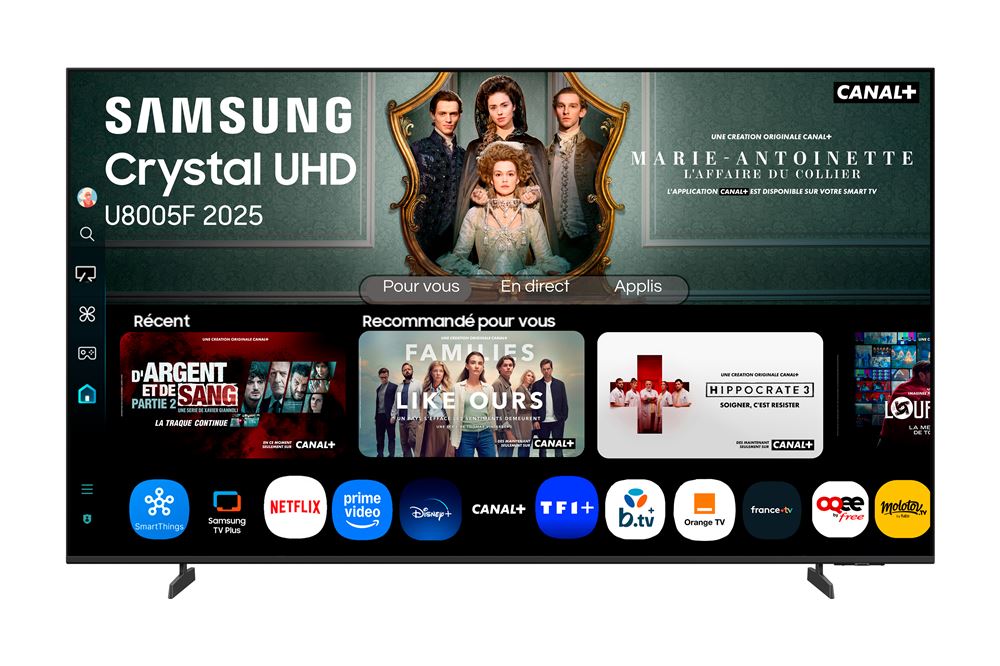 Ein moderner Samsung Smart TV 4K Modell TU43U8005F auf einem Sideboard im hellen Raum.