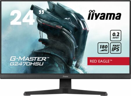 Der iiyama g-master g2470hsu-b6 Gaming-Monitor in Schwarz mit schmalem Rahmen auf einem Standfuß.