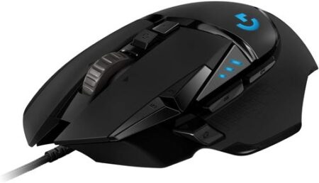 Logitech G502 HERO Gaming-Maus Schwarz mit RGB-Beleuchtung und anpassbarem Gewicht auf einem Gaming-Schreibtisch