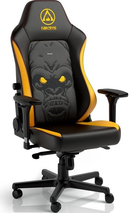 Der noblechairs hero gaming-stuhl far cry in einer detaillierten Ansicht in einem modernen Gaming-Zimmer.