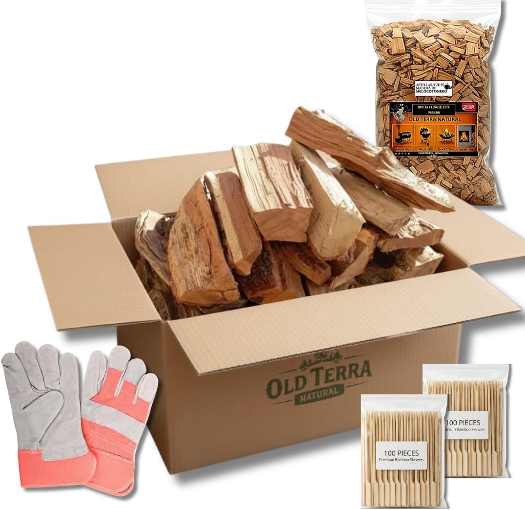 Premium Holzset 10 kg mit Holzscheiten, Fruchtholzspänen und Lederhandschuhen für Kamin, Grill und Pizzaofen aus natürlichen Materialien.