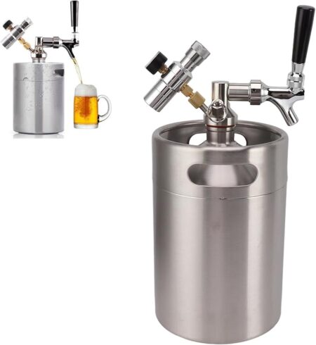 Edelstahlfass 5 Liter mit Druckadapter und Zapfhahn für die Lagerung und den Ausschank von selbst gebrautem Bier.